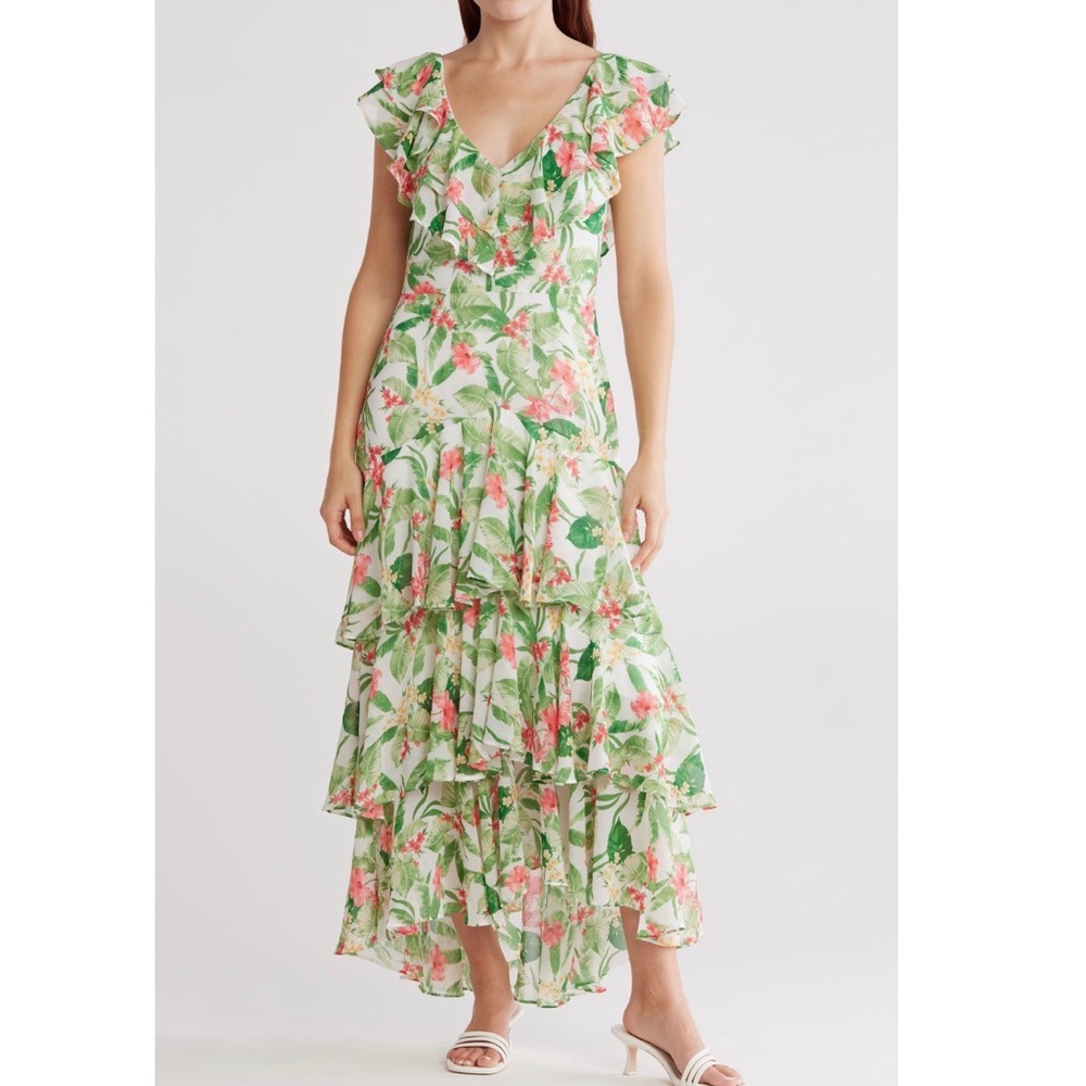 Wayf Green and Pink Floral tiered Dress